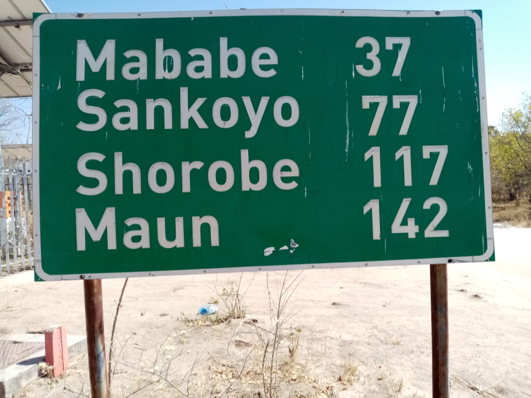 Road sign to Maun, Mababe and Sankoyo, northern Botswana